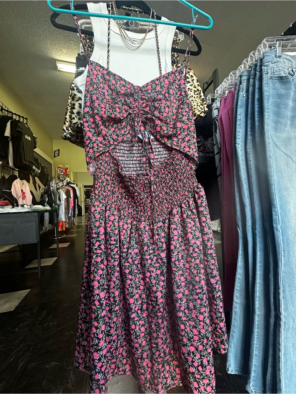 SHEIN Black & Pink Floral Smocked Midi Dress